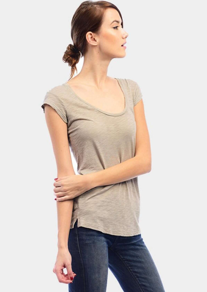 Made in USA Women's Scoop Neck Basic Garment Dyed Cotton Tee T-Shirt with Shirring at Shoulder in Taupe | Classy Cozy Cool Made in America Boutique