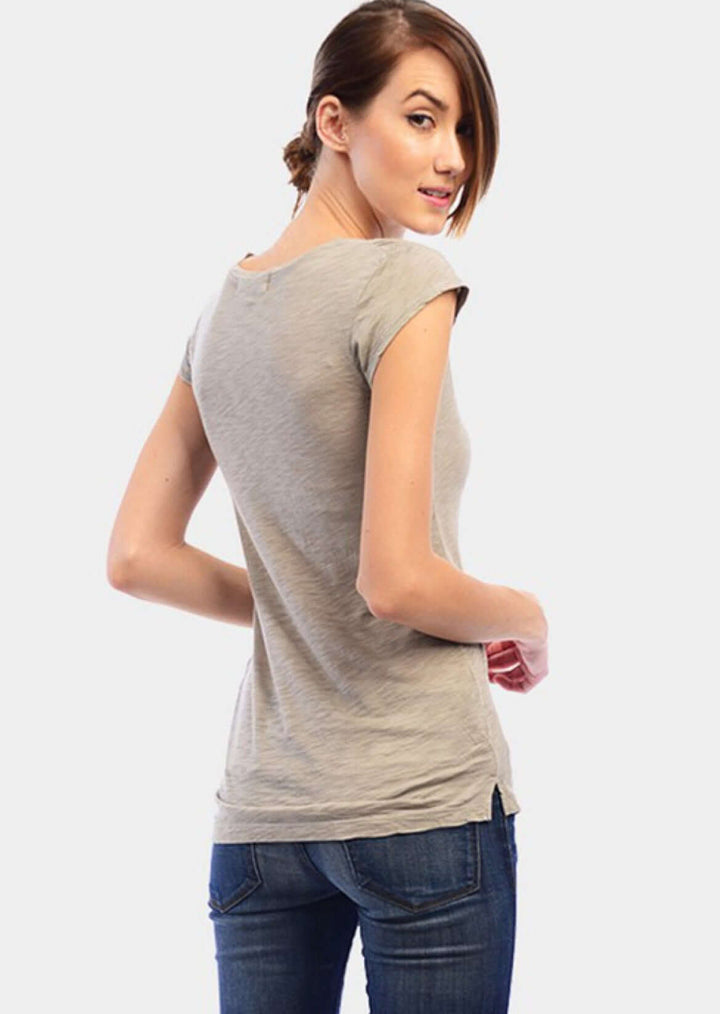 Made in USA Women's Scoop Neck Basic Garment Dyed Cotton Tee T-Shirt with Shirring at Shoulder in Taupe | Classy Cozy Cool Made in America Boutique