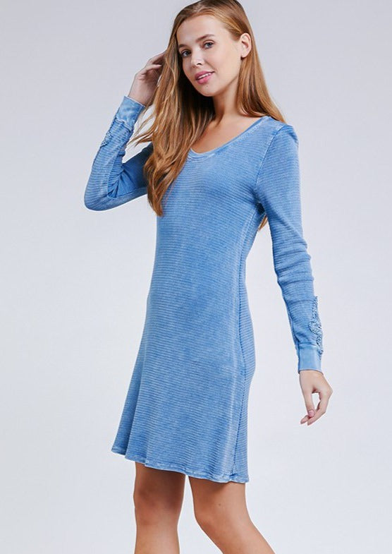USA Made Ladies Vintage Textured Thermal Crochet Cuff Long Sleeve Cotton Blend Mini Dress in Chambray Blue | Classy Cozy Cool Women's Made in America Clothing Boutique