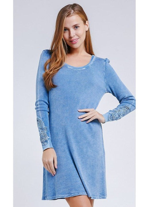 USA Made Ladies Vintage Textured Thermal Crochet Cuff Long Sleeve Cotton Blend Mini Dress in Chambray Blue | Classy Cozy Cool Women's Made in America Clothing Boutique