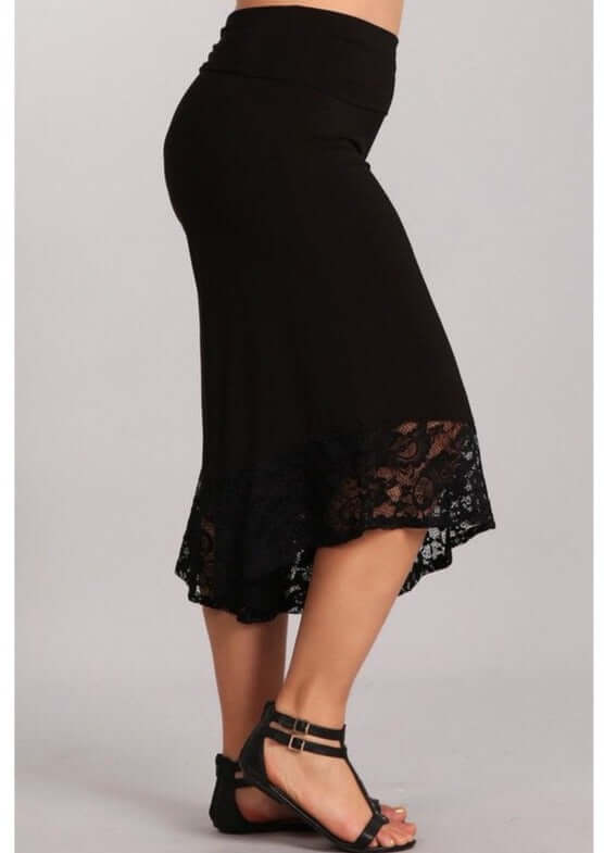 USA Made Plus Size Black Capri Gaucho Wide Leg Pants with Lace Hem, Soft Stretchy Material | Classy Cozy Cool Women's American Clothing Boutique