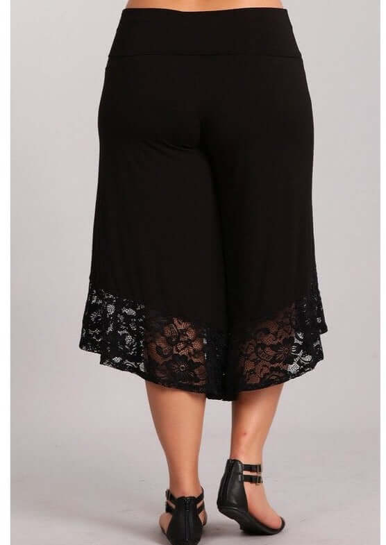 USA Made Plus Size Black Capri Gaucho Wide Leg Pants with Lace Hem, Soft Stretchy Material | Classy Cozy Cool Women's American Clothing Boutique