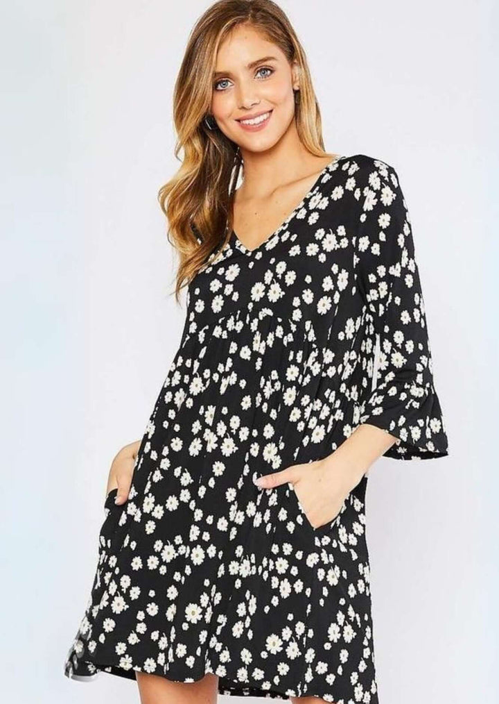Women's Jersey Stretch Black Daisy Print V-Neck Baby Doll Cut Mini Dress | Made in USA | Classy Cozy Cool Women's Made in America Boutique