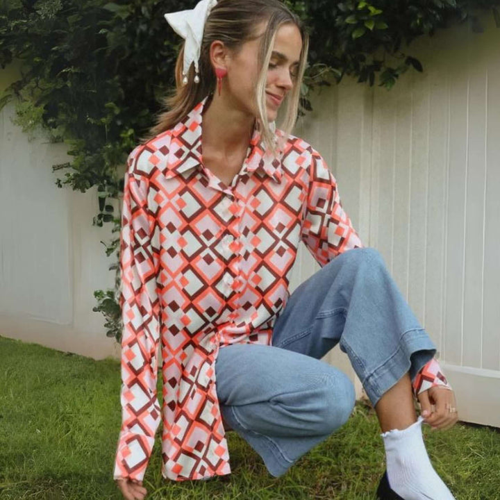 USA Made Ladies Pink Retro Pattern Button Down Satin Top by If She Loves Style # ISJK1250 | Classy Cozy Cool Women's Made in America Clothing Boutique