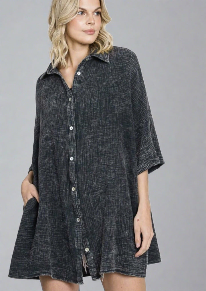 USA Made Women's Soft Mineral Washed Charcoal Black Oversized Cotton Gauze Button Down Tunic Length Long Shirt with Half Sleeves & Side Pockets