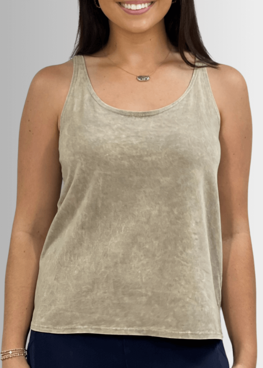 Twenty Four Seven Tank Top | Women's Sustainable and durable premium America-made cotton tank top, in Mineral Washed Vintage Stone Color, Wide Round Neck, Loose Fit, Perfect for Layering | Classy Cozy Cool Style C11315