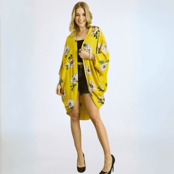 Made in USA Women's Yellow Floral Midi Length Cocoon Shape Kimono Cardigan, Open Front, 3/4 Dolman Style Slouchy Sleeves
