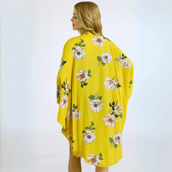 Made in USA Women's Yellow Floral Midi Length Cocoon Shape Kimono Cardigan, Open Front, 3/4 Dolman Style Slouchy Sleeves