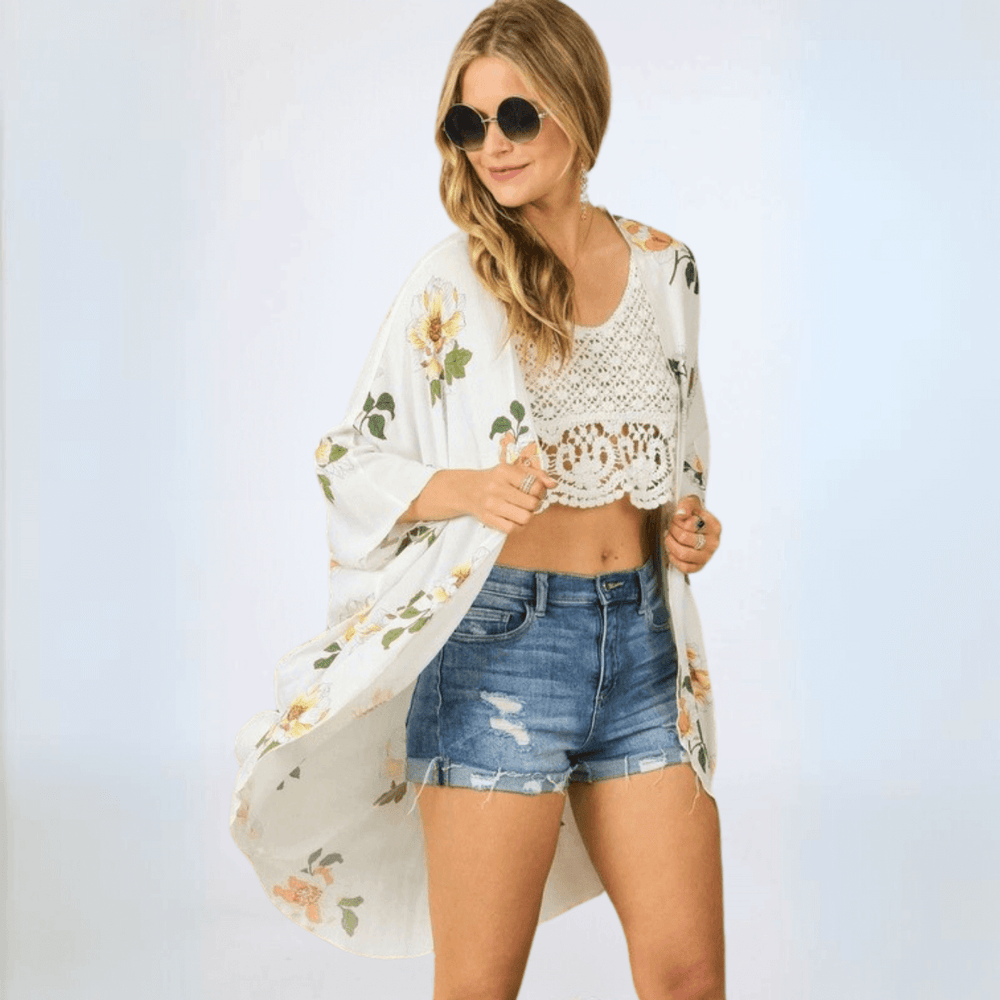 Made in USA Women's Off White Floral Midi Length Cocoon Shape Kimono Cardigan, Open Front, 3/4 Dolman Style Slouchy Sleeves