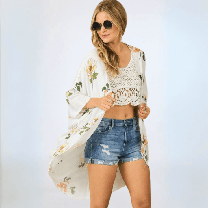 Made in USA Women's Off White Floral Midi Length Cocoon Shape Kimono Cardigan, Open Front, 3/4 Dolman Style Slouchy Sleeves