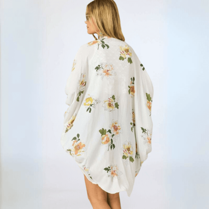 Made in USA Women's Off White Floral Midi Length Cocoon Shape Kimono Cardigan, Open Front, 3/4 Dolman Style Slouchy Sleeves