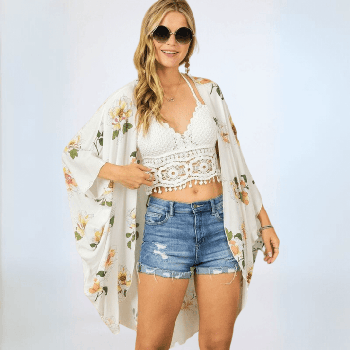 Made in USA Women's Off White Floral Midi Length Cocoon Shape Kimono Cardigan, Open Front, 3/4 Dolman Style Slouchy Sleeves