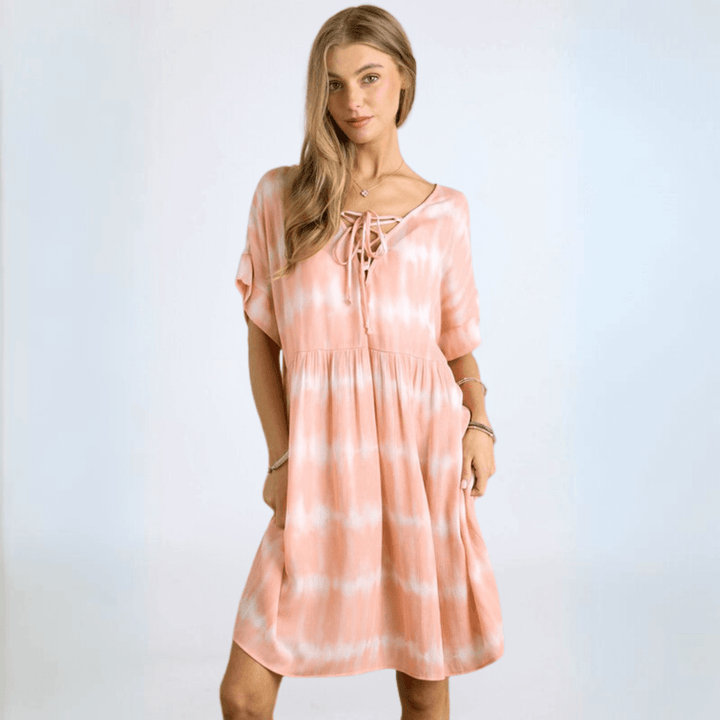 Made in USA 2-Tone Tie Dye Lace up Loose Fit Rayon Gauze Drop Shoulder Baby Doll Dress in Coral and White | Classy Cozy Cool Made in America Boutique
