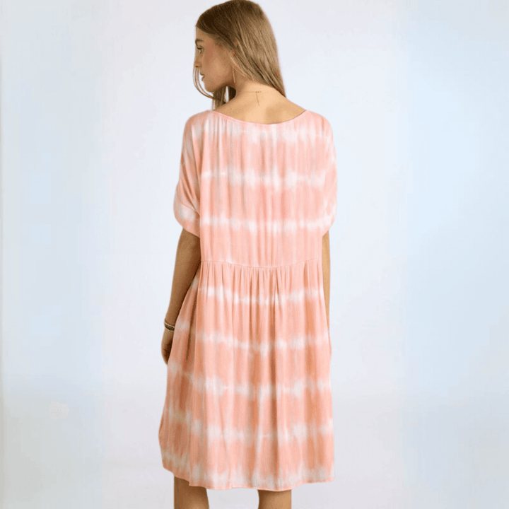 Made in USA 2-Tone Tie Dye Lace up Loose Fit Rayon Gauze Drop Shoulder Baby Doll Dress in Coral and White | Classy Cozy Cool Made in America Boutique