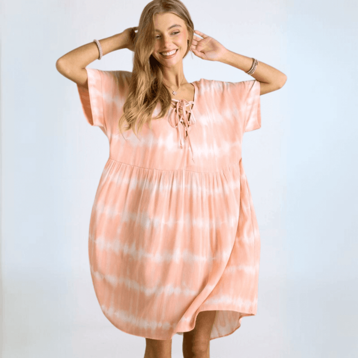 Made in USA 2-Tone Tie Dye Lace up Loose Fit Rayon Gauze Drop Shoulder Baby Doll Dress in Coral and White | Classy Cozy Cool Made in America Boutique