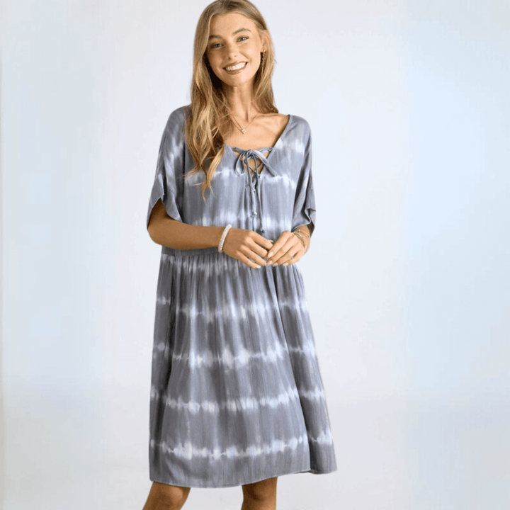 Made in USA 2-Tone Tie Dye Lace up Loose Fit Rayon Gauze Drop Shoulder Baby Doll Dress in Grey and White | Classy Cozy Cool Made in America Boutique