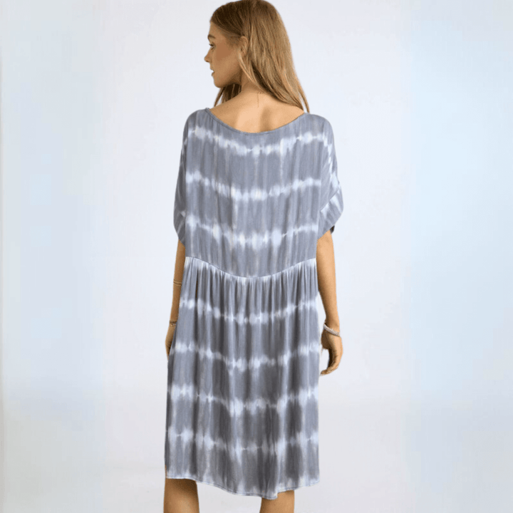 Made in USA 2-Tone Tie Dye Lace up Loose Fit Rayon Gauze Drop Shoulder Baby Doll Dress in Grey and White | Classy Cozy Cool Made in America Boutique