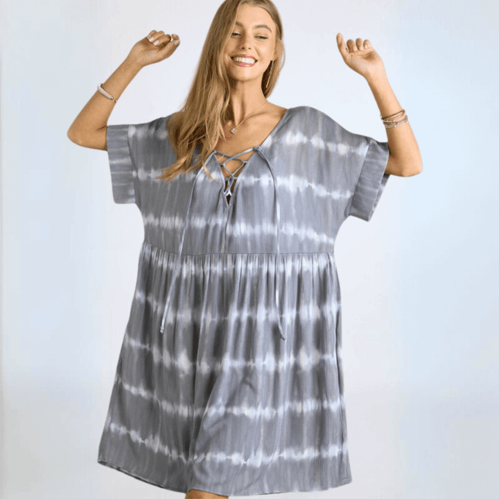 Made in USA 2-Tone Tie Dye Lace up Loose Fit Rayon Gauze Drop Shoulder Baby Doll Dress in Grey and White | Classy Cozy Cool Made in America Boutique
