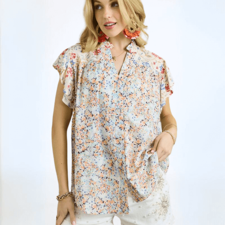 USA Made Ruffled Fluttered Sleeve Mixed Print V-Neck Relaxed Fit Button Down Spring or Summer Top with Ruffled Collar | 60% Cotton, 40% Rayon | Style AT17024