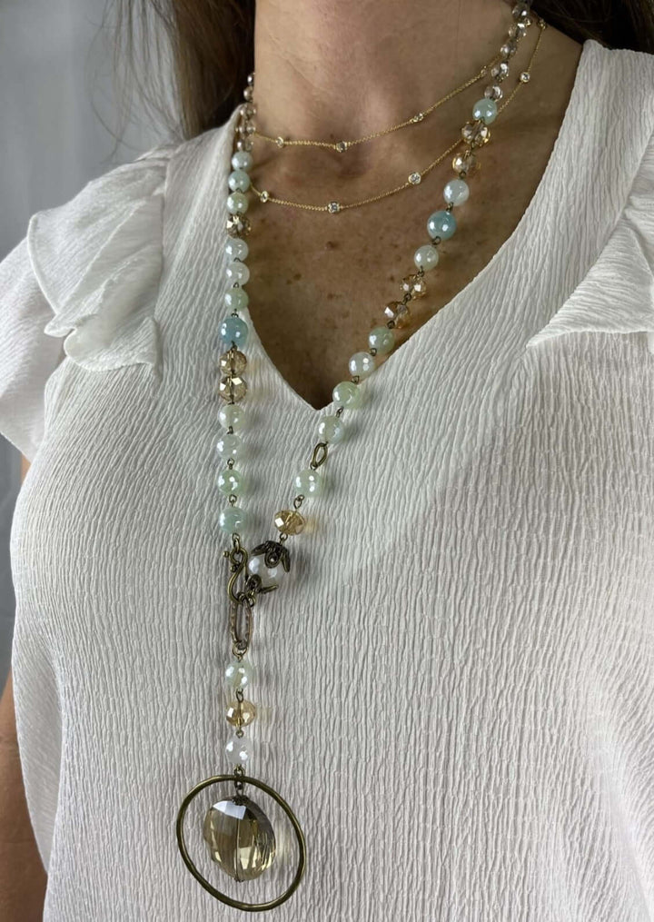 USA Made Natural Stone Beaded Necklace Glass Encircled Pendant Wear Long or Short | Fashion Jewelry Handmade in Texas by Carol Su | Made in America Boutique