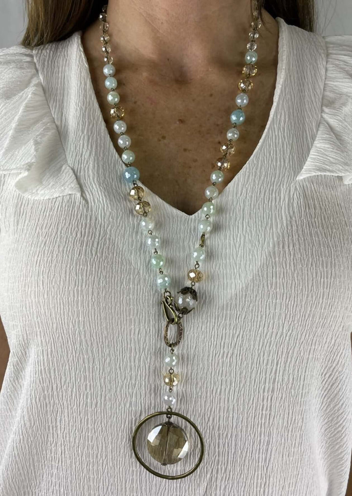 USA Made Natural Stone Beaded Necklace Glass Encircled Pendant Wear Long or Short | Fashion Jewelry Handmade in Texas by Carol Su | Made in America Boutique