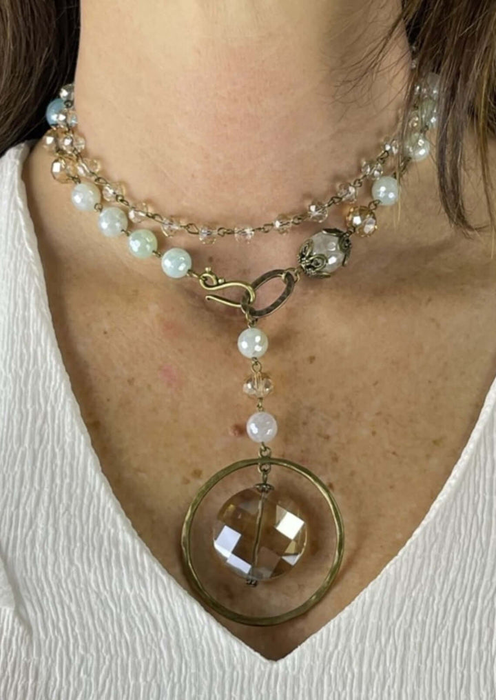 USA Made Natural Stone Beaded Necklace Glass Encircled Pendant Wear Long or Short | Fashion Jewelry Handmade in Texas by Carol Su | Made in America Boutique