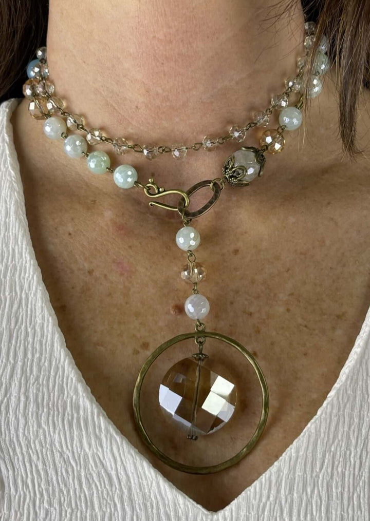 USA Made Natural Stone Beaded Necklace Glass Encircled Pendant Wear Long or Short | Fashion Jewelry Handmade in Texas by Carol Su | Made in America Boutique