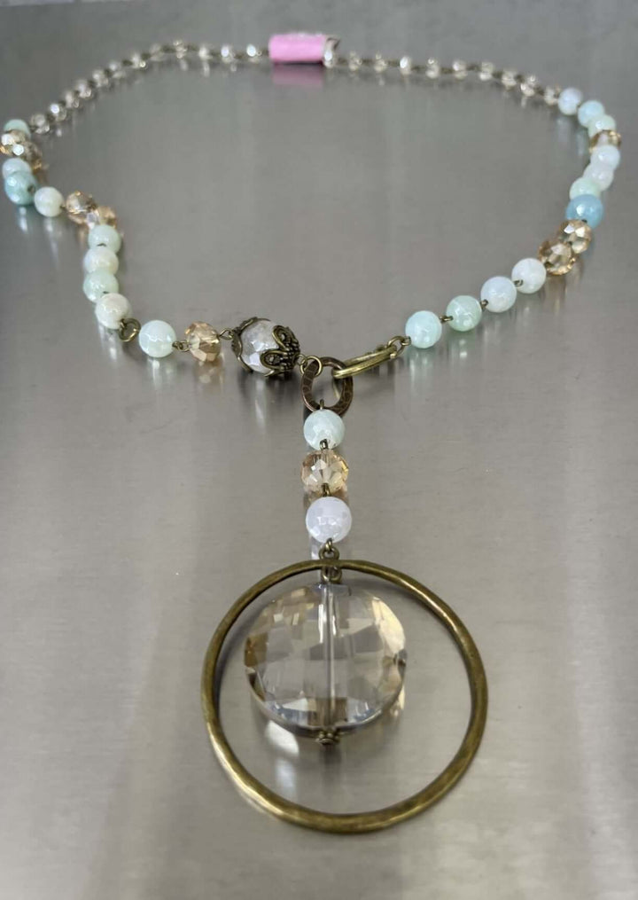 USA Made Natural Stone Beaded Necklace Glass Encircled Pendant Wear Long or Short | Fashion Jewelry Handmade in Texas by Carol Su | Made in America Boutique