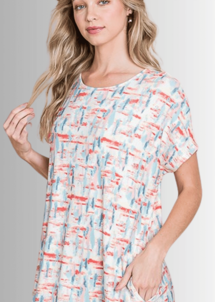 Made in USA Women's Mini Length Summer Print Shirt Dress, Short Sleeves, Round Neck, Relaxed Fit, Stretchy Fabric, Side Pockets | Classy Cozy Cool Made in America Boutique