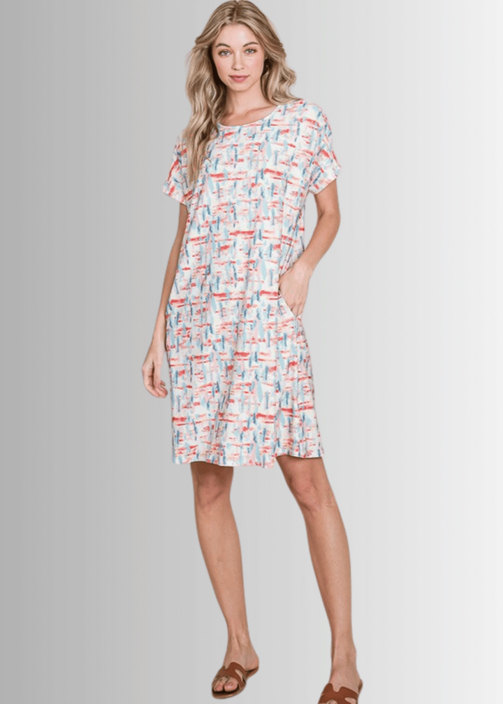 Made in USA Women's Mini Length Summer Print Shirt Dress, Short Sleeves, Round Neck, Relaxed Fit, Stretchy Fabric, Side Pockets | Classy Cozy Cool Made in America Boutique