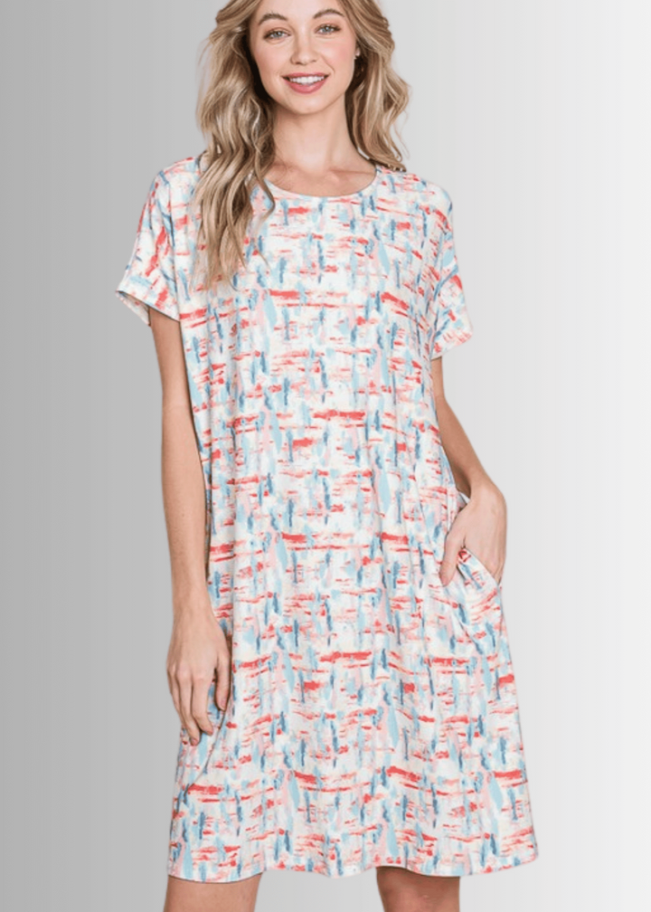 Made in USA Women's Mini Length Summer Print Shirt Dress, Short Sleeves, Round Neck, Relaxed Fit, Stretchy Fabric, Side Pockets | Classy Cozy Cool Made in America Boutique
