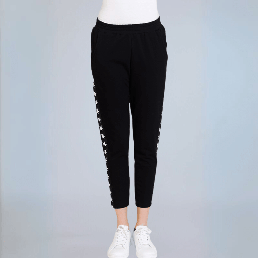 Women's Black Cropped Joggers with Side Star Detail in Black & White   Made in USA | Classy Cozy Cool Made in America Boutique