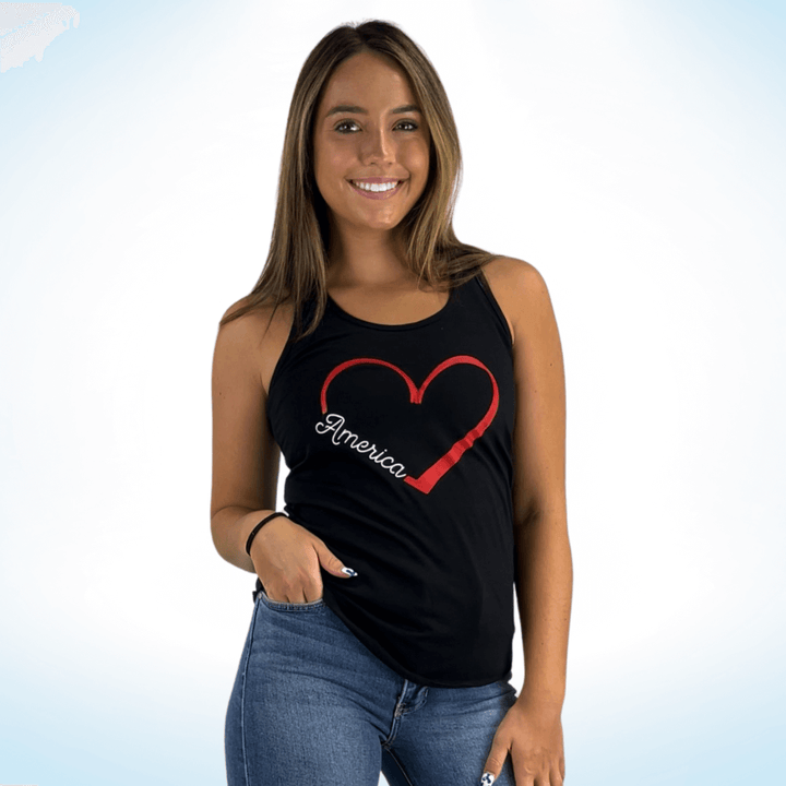 Made in USA Women's "America" Heart Graphic Black Racerback Tank Top, Fitted, Round Neckline, Patriotic | Classy Cozy Cool Made in America Boutique