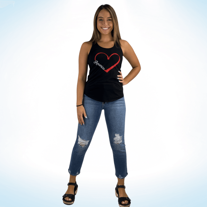Made in USA Women's "America" Heart Graphic Black Racerback Tank Top, Fitted, Round Neckline, Patriotic | Classy Cozy Cool Made in America Boutique