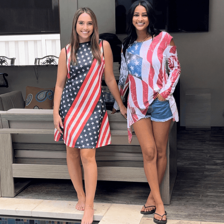 USA Made Women's Patriotic American Flag Cold Shoulder Asymmetrical Hem Tunic Distressed American Flag Graphic | Classy Cozy Cool Women's Made in America Boutique