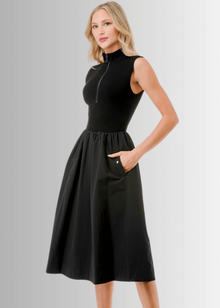 Made in USA Women's Classic Silhouette Sleeveless Fit & Flare Black Midi Dress with High Neck, Zip up Neckline and Pockets | Classy Cozy Cool Made in America Boutique