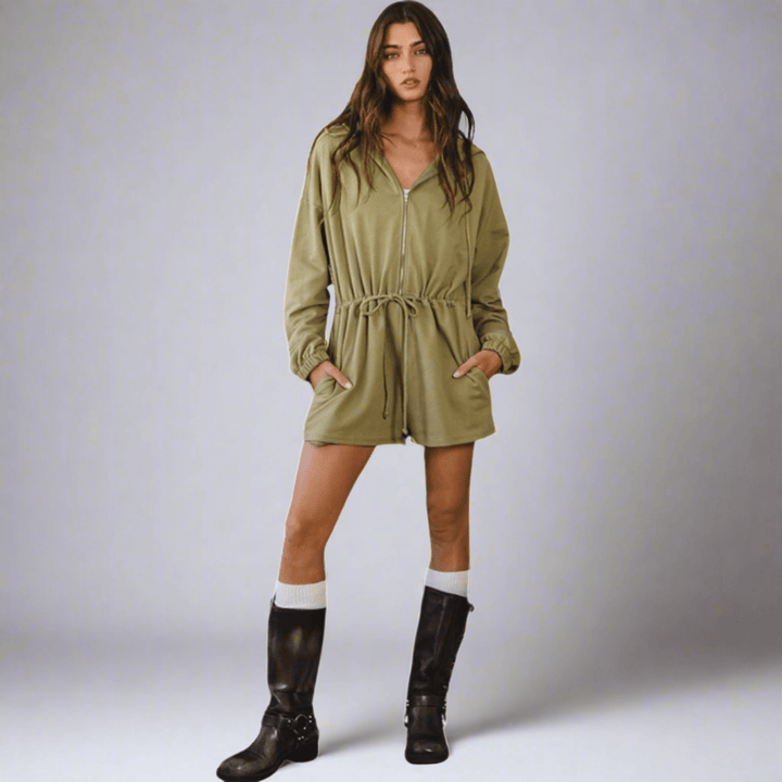 Made in USA Bucket List Clothing Style R5406 Women's Cotton Long Sleeve Drawstring Hoodie Half Zip Romper in Light Army Green | Classy Cozy Cool Made in America Boutique