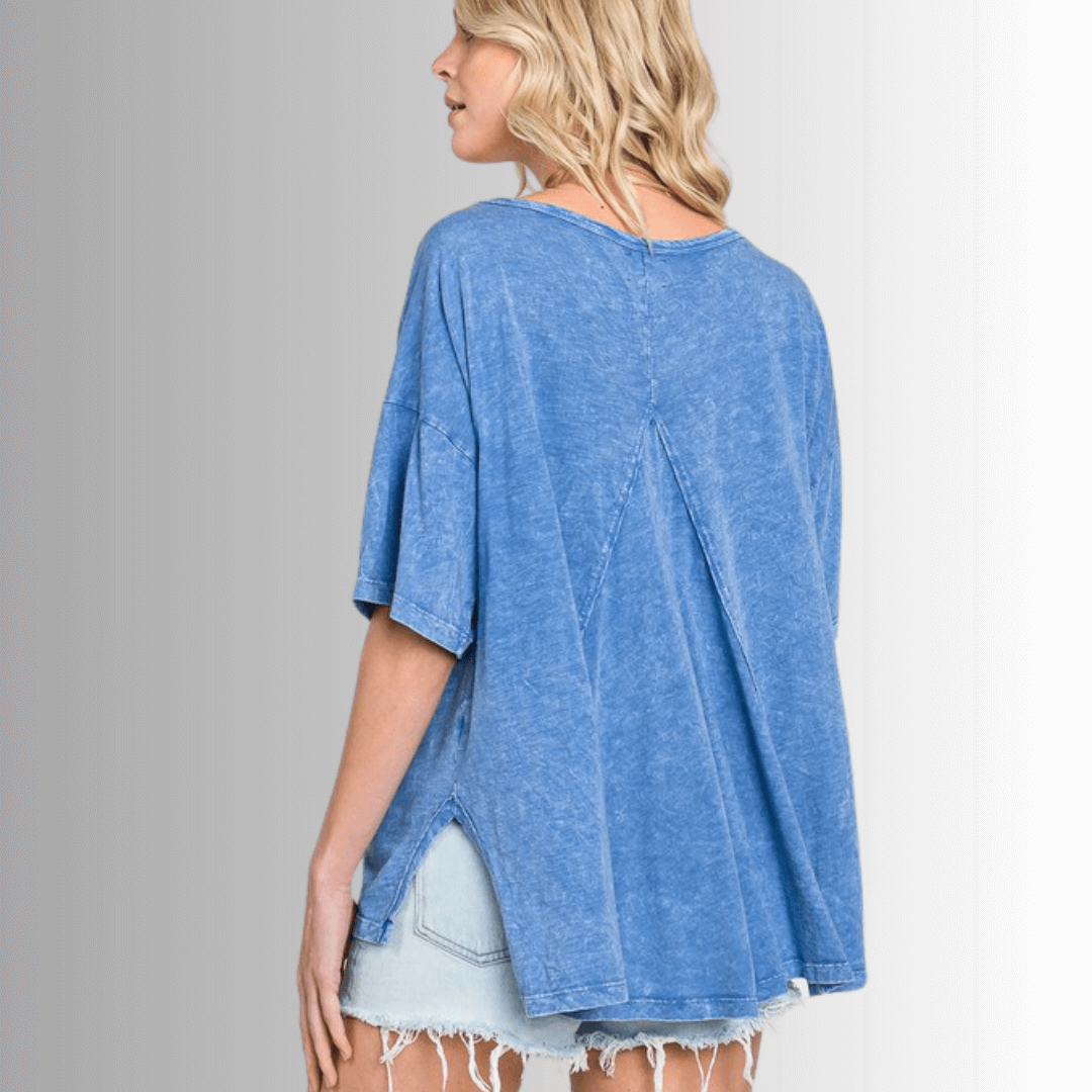 Made in USA, Women's Mineral Washed Slouchy Oversized Tee, 30"s Cotton Slub Material, Color: Denim Blue, Wide Round Neck, Back Raw Edge Detail, Side Slit