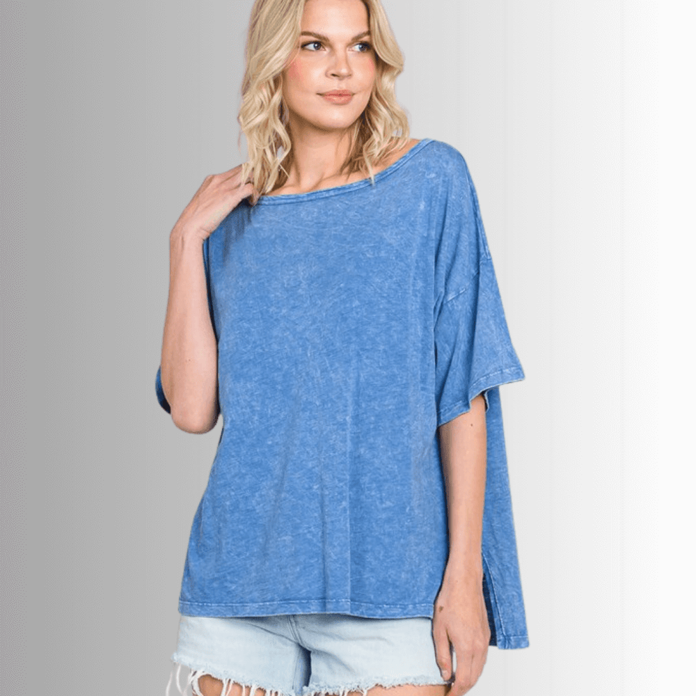 Made in USA, Women's Mineral Washed Slouchy Oversized Tee, 30"s Cotton Slub Material, Color: Denim Blue, Wide Round Neck, Back Raw Edge Detail, Side Slit