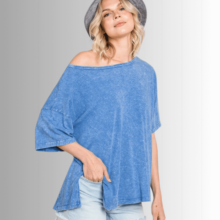 Made in USA, Women's Mineral Washed Slouchy Oversized Tee, 30"s Cotton Slub Material, Color: Denim Blue, Wide Round Neck, Back Raw Edge Detail, Side Slit
