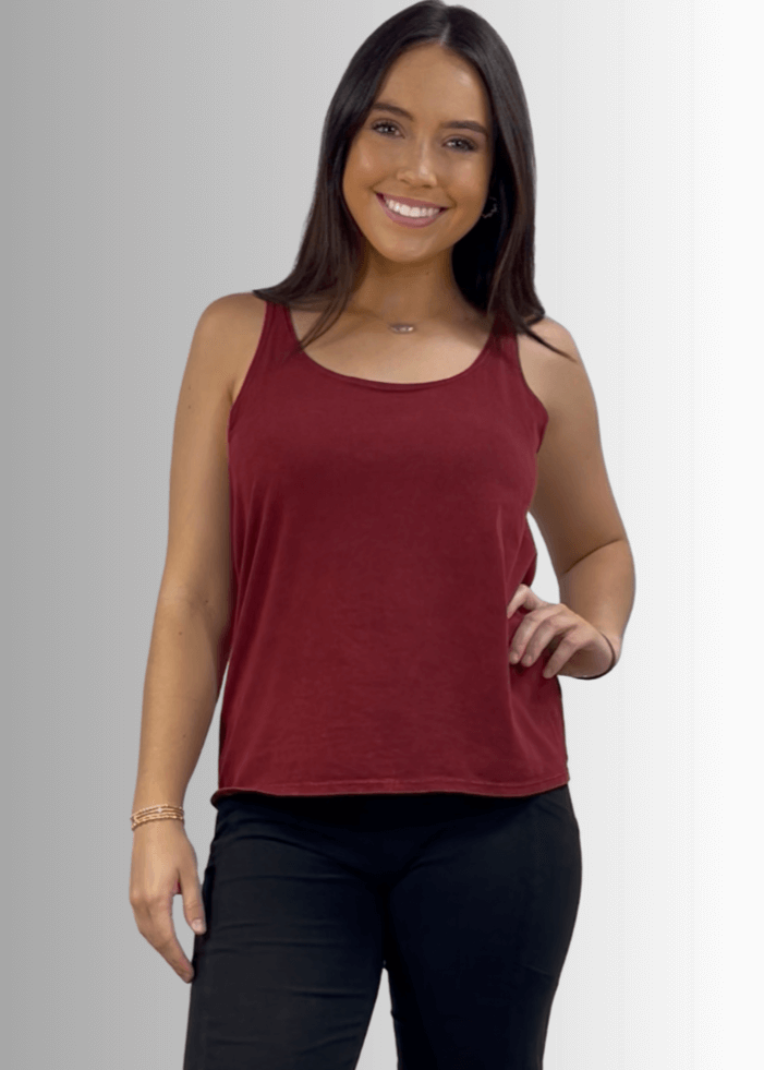 Twenty Four Seven Tank Top | Women's Sustainable and durable premium America-made cotton tank top, in Mineral Washed Vintage Burnt Red Clay, Wide Round Neck, Loose Fit, Perfect for Layering | Classy Cozy Cool Style C11315
