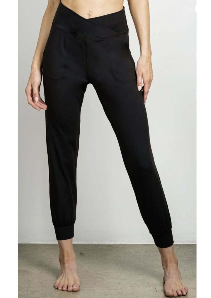 Jala Women's Cross Waist Jogger with Side Pockets Jogger in Black Style# CWJ16-B | Made in USA | Classy Cozy Cool Women's Made in America Clothing Boutique