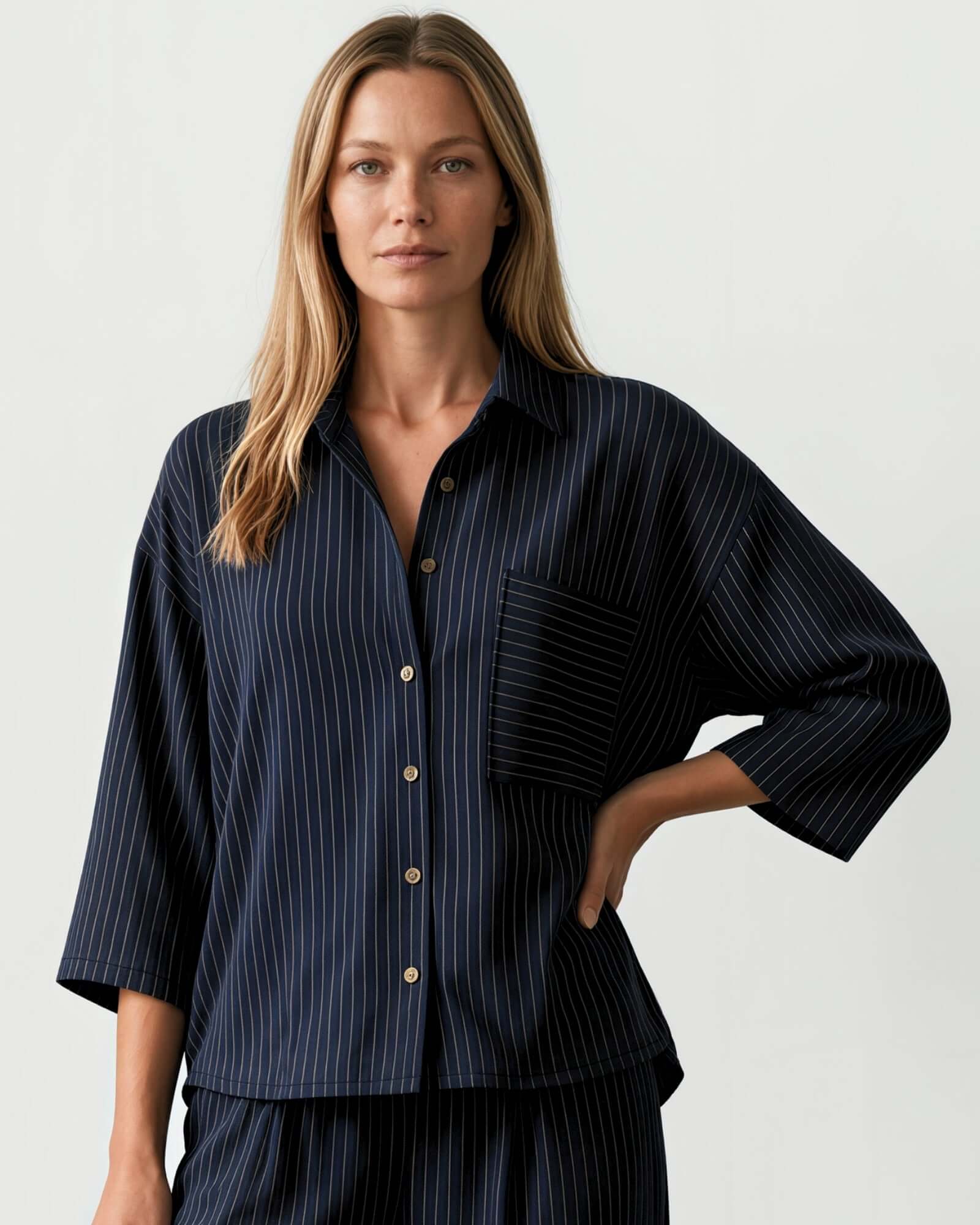 Avery Navy Pinstripe Button Down Top | Made in USA – Classy Cozy