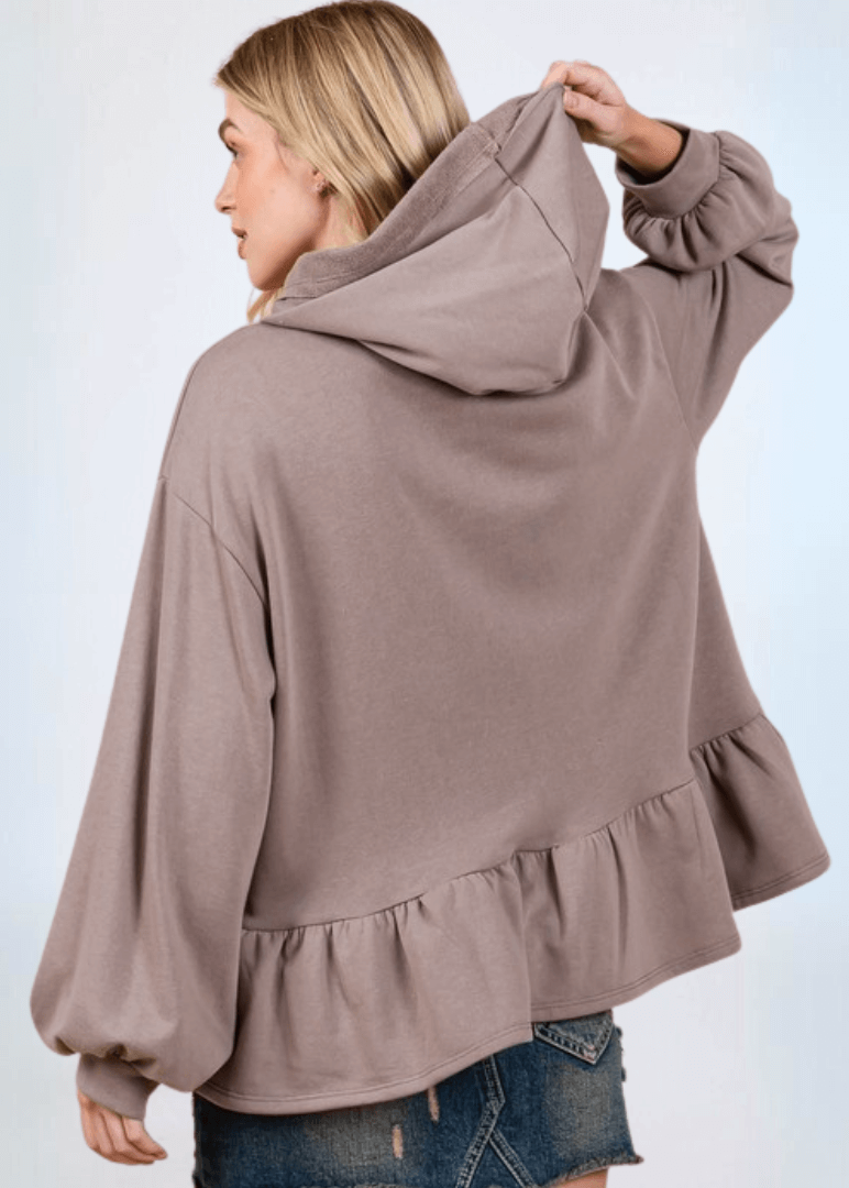 Made in USA Women's Baby Doll Oversized Hoodie with Flounce Ruffle Hem and  Long Balloon Sleeves, Banded Cuffs, Oversized Fit in Solid Mocha Brown | Classy Cozy Cool Made in America Boutique