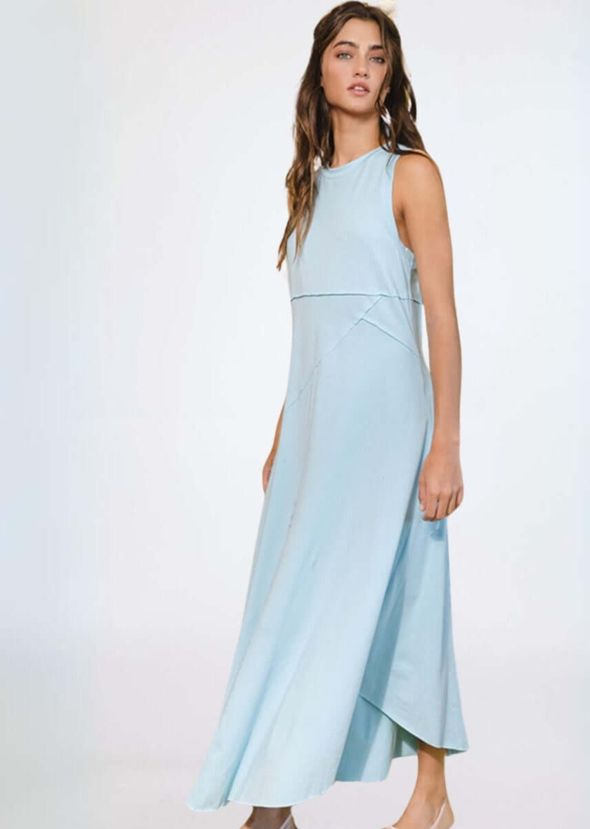 Bucket List Style D4190 | Women's Asymmetrical Sleeveless Racer Back Maxi Tank Dress in Sky Blue | Made in USA | Classy Cozy Cool Women's Made in America Boutique