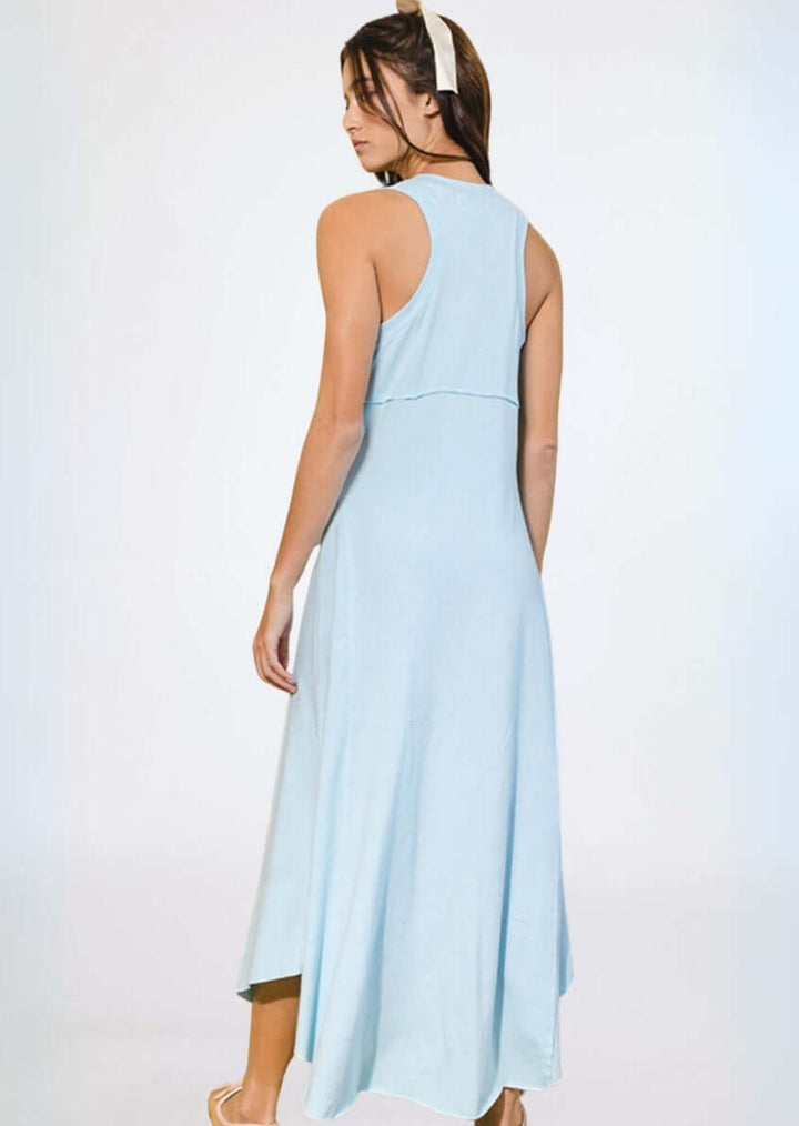 Bucket List Style D4190 | Women's Asymmetrical Sleeveless Racer Back Maxi Tank Dress in Sky Blue | Made in USA | Classy Cozy Cool Women's Made in America Boutique