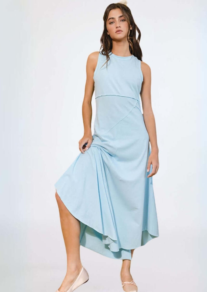 Bucket List Style D4190 | Women's Asymmetrical Sleeveless Racer Back Maxi Tank Dress in Sky Blue | Made in USA | Classy Cozy Cool Women's Made in America Boutique