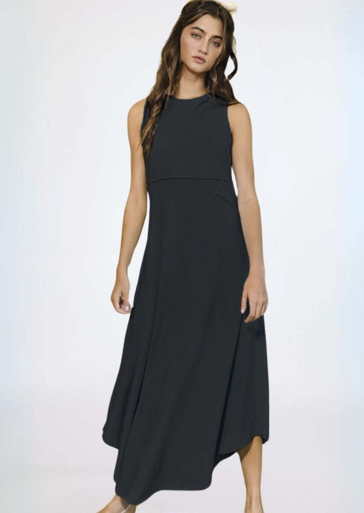 Bucket List Style D4190 | Women's Asymmetrical Sleeveless Racer Back Maxi Tank Dress in Black | Made in USA | Classy Cozy Cool Women's Made in America Boutique