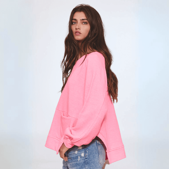 Made in USA Bucket List Clothing Style T2197 Women's Oversized Pink Cotton Blend Sweatshirt with Reverse Stitch Detail, Boat Neckline, Side Hem Rounded Cut Outs