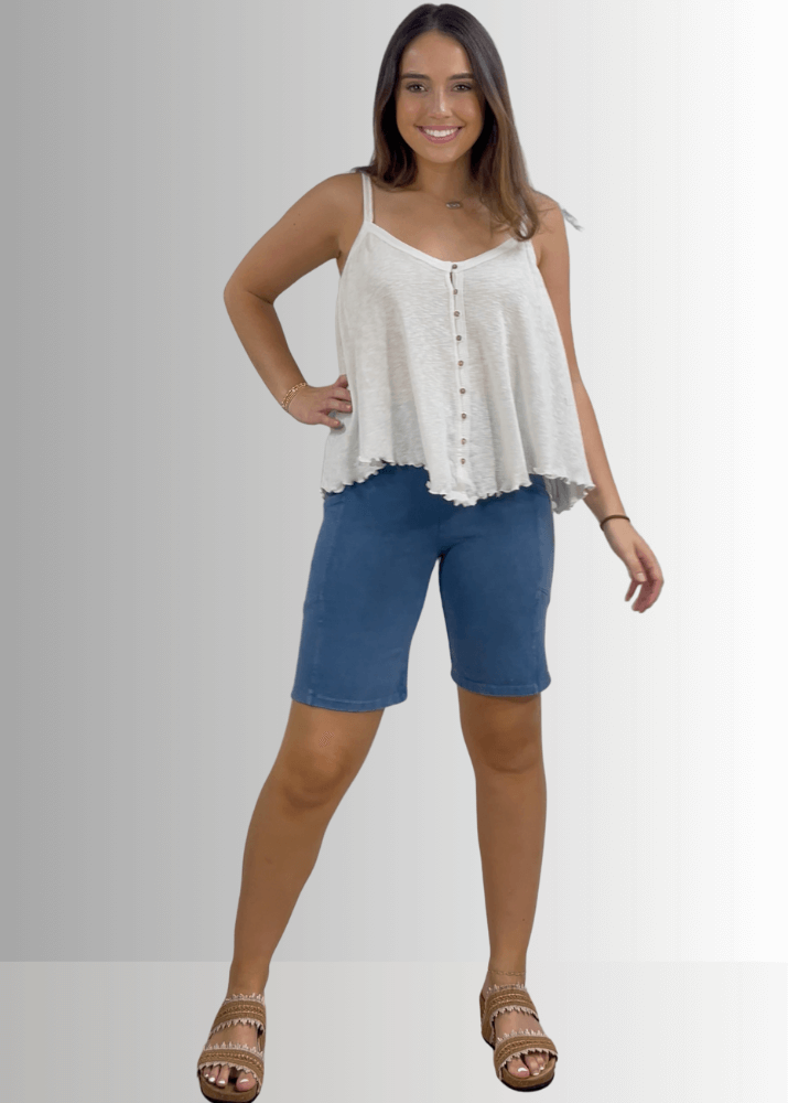 Made in USA Women's White Rib Knit Soft Tank Flowy with Asymmetrical Ruffled Hem | Brand: Bucket List | Style # T1390 | Classy Cozy Cool Women’s Clothing Boutique